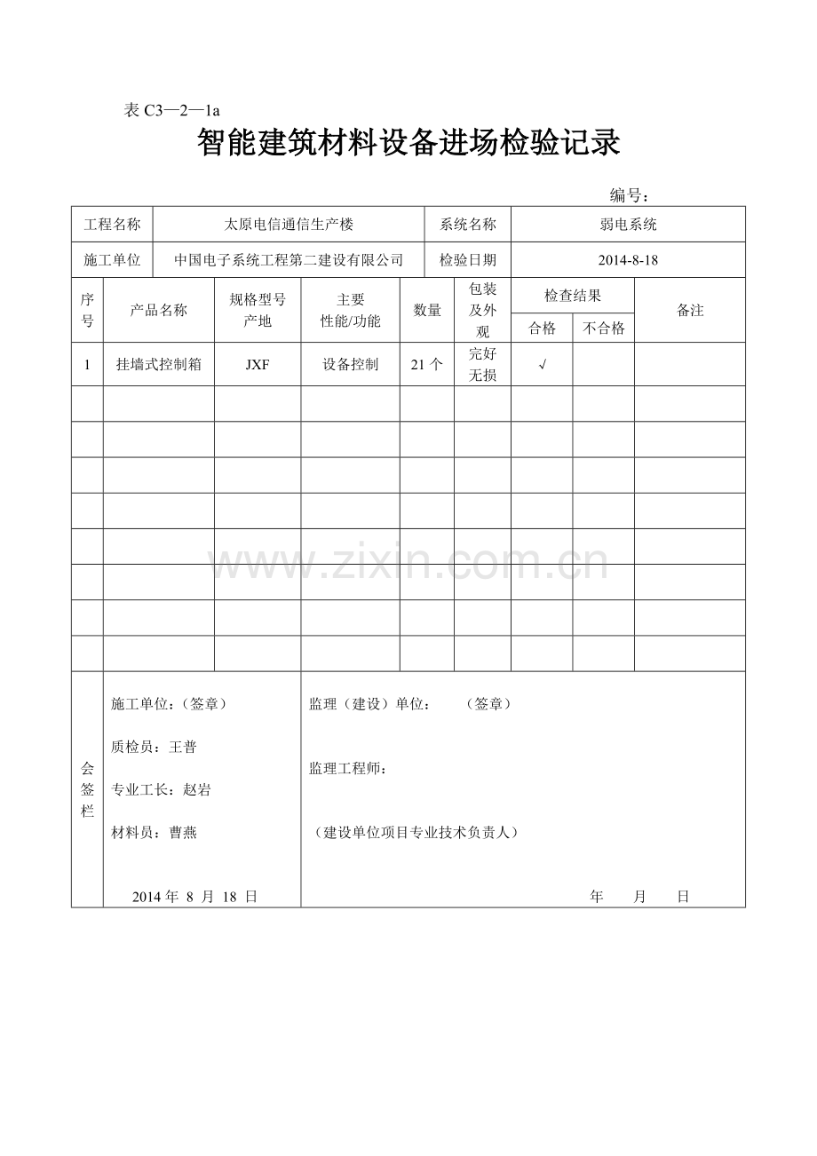 建筑工程施工材料进场检验记录表.docx_第1页