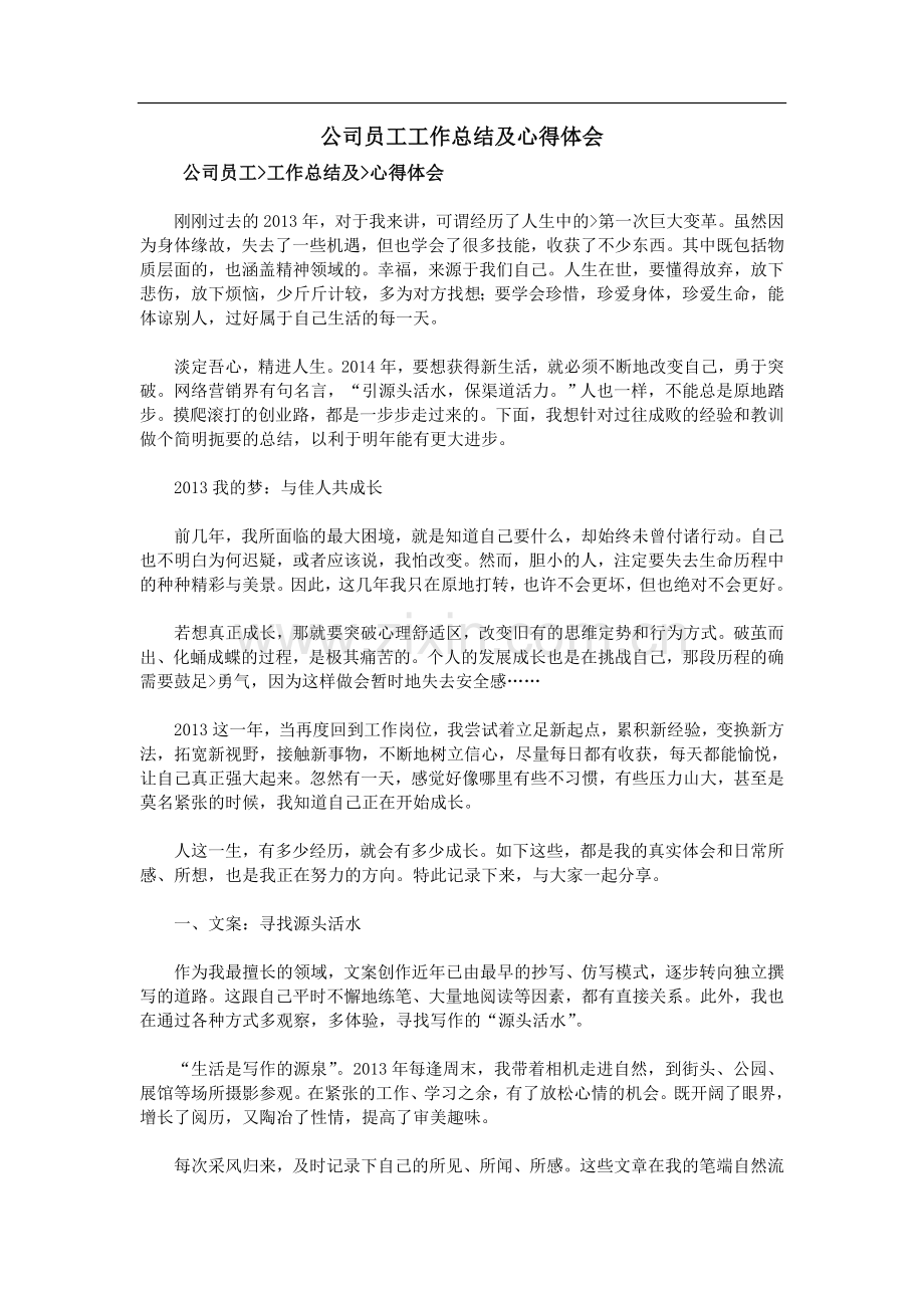 公司员工工作总结及心得体会.doc_第1页