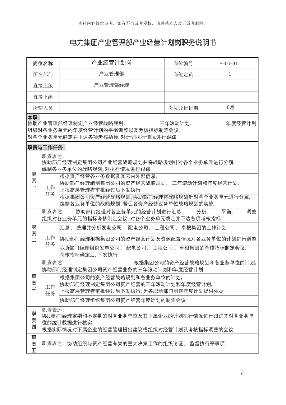 电力集团产业管理部产业经营计划岗职务说明书模板.doc_第2页