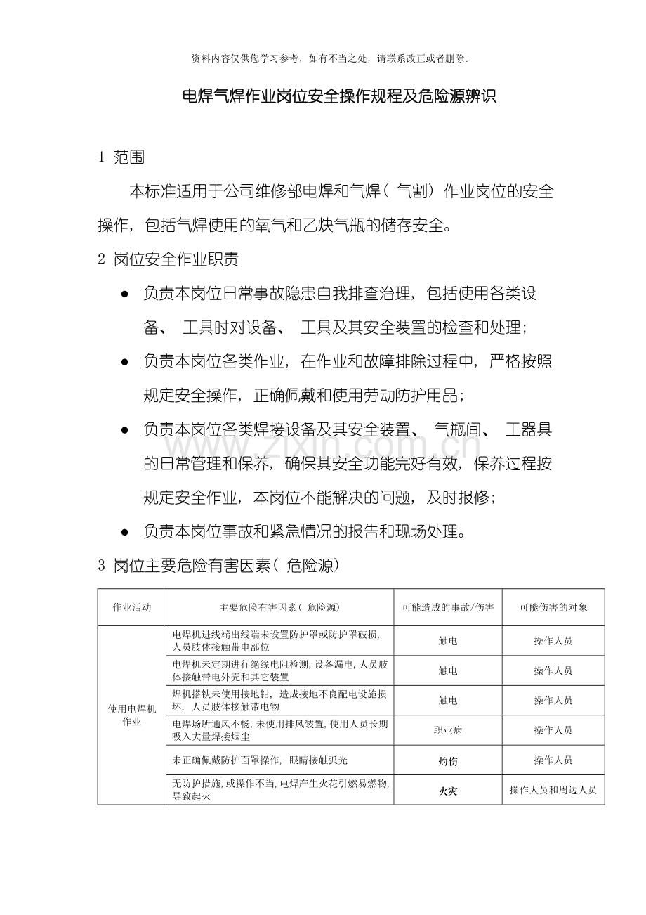 电焊气焊作业岗位安全操作规程及危险源辨识样本.doc_第1页