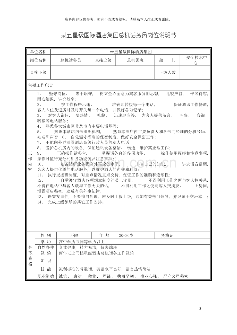 五星级国际酒店集团总机话务员岗位说明书.doc_第2页