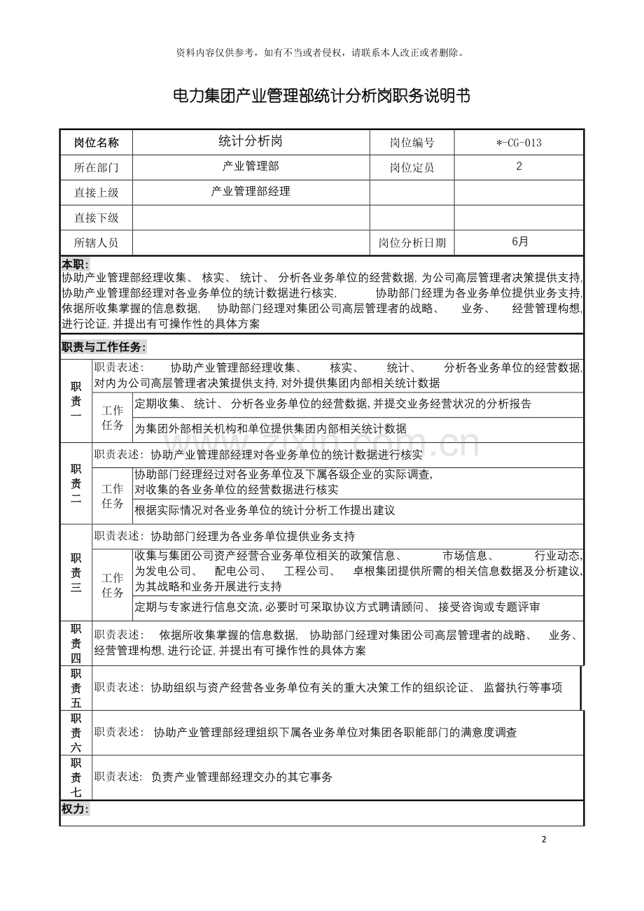 电力集团产业管理部统计分析岗职务说明书模板.doc_第2页