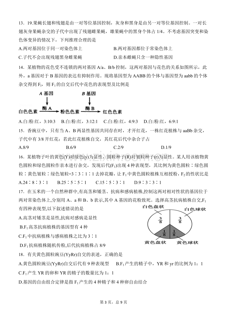 高一第二学期第一次月考生物试卷(附答案).doc_第3页