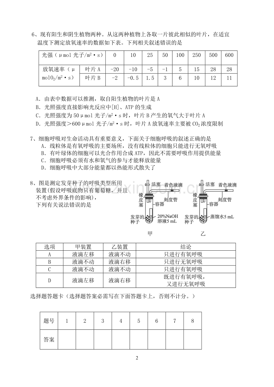 光合作用和呼吸作用综合练习题全解.doc_第2页