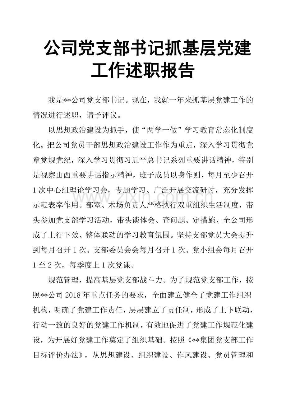 公司党支部书记抓基层党建工作述职报告.doc_第1页