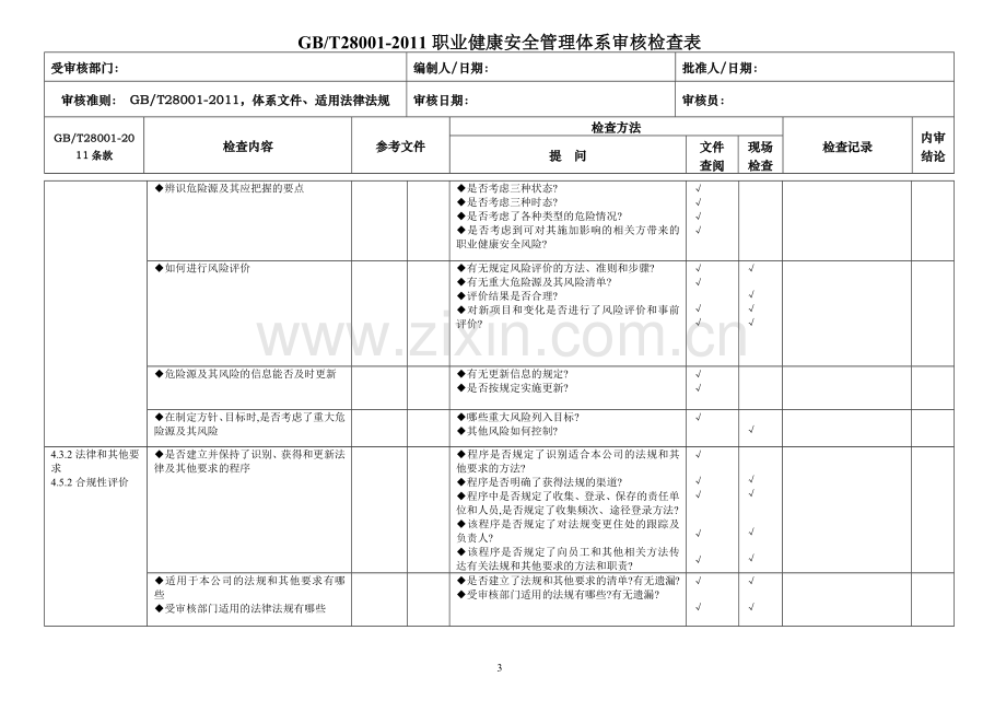 GBT28002-2011职业健康安全内审检查表.doc_第3页