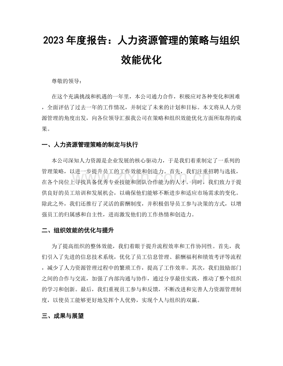 2023年度报告：人力资源管理的策略与组织效能优化.docx_第1页