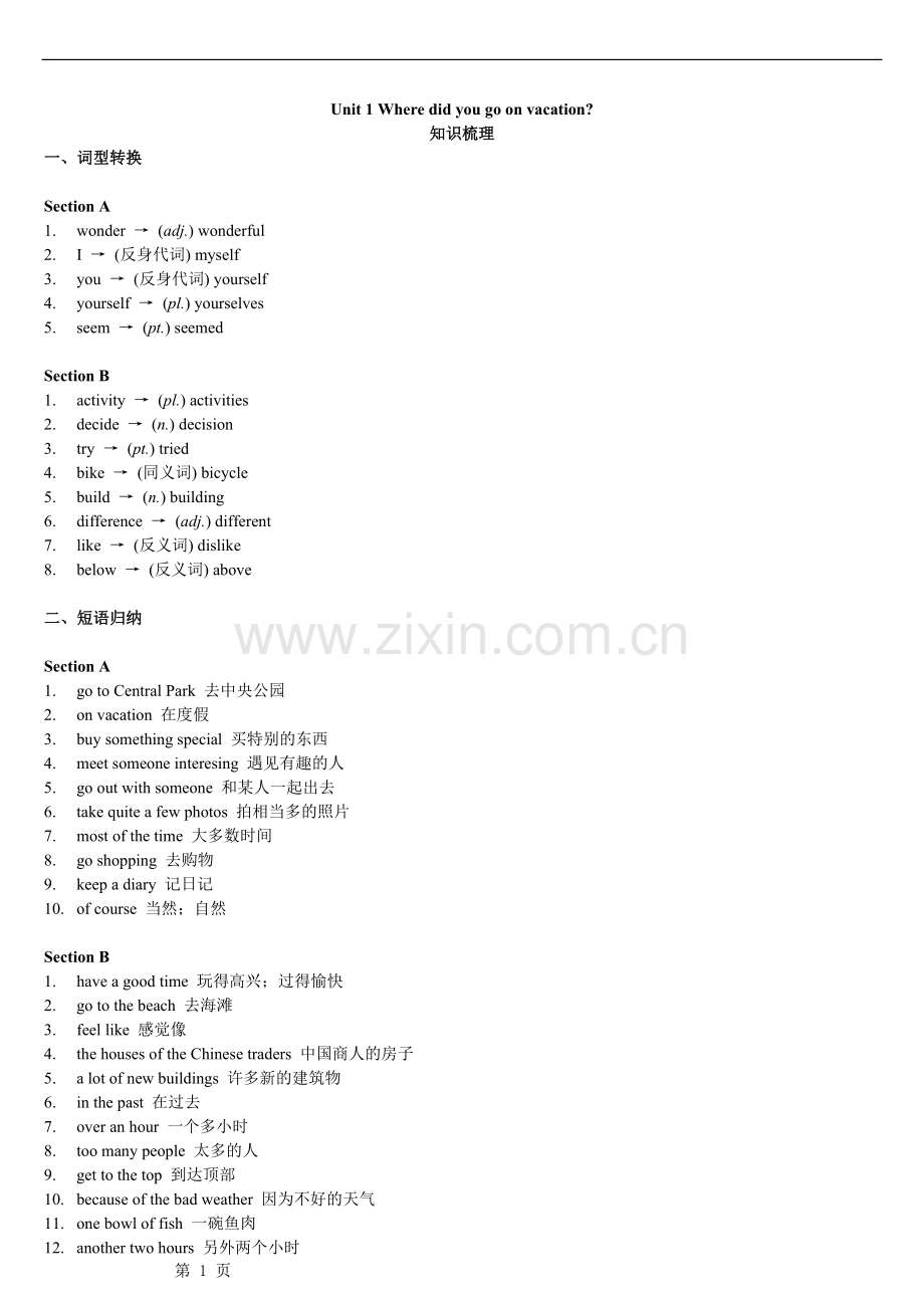 人教版新目标英语八年级上unit1知识点.doc_第1页