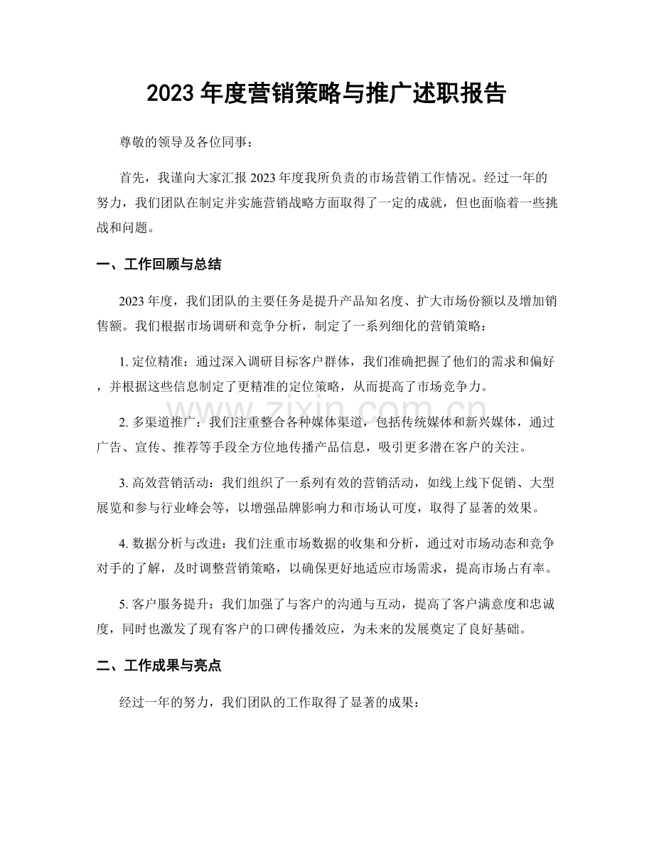 2023年度营销策略与推广述职报告.docx_第1页