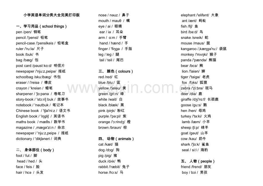 小学英语单词分类表大全A4完美打印版.doc_第1页