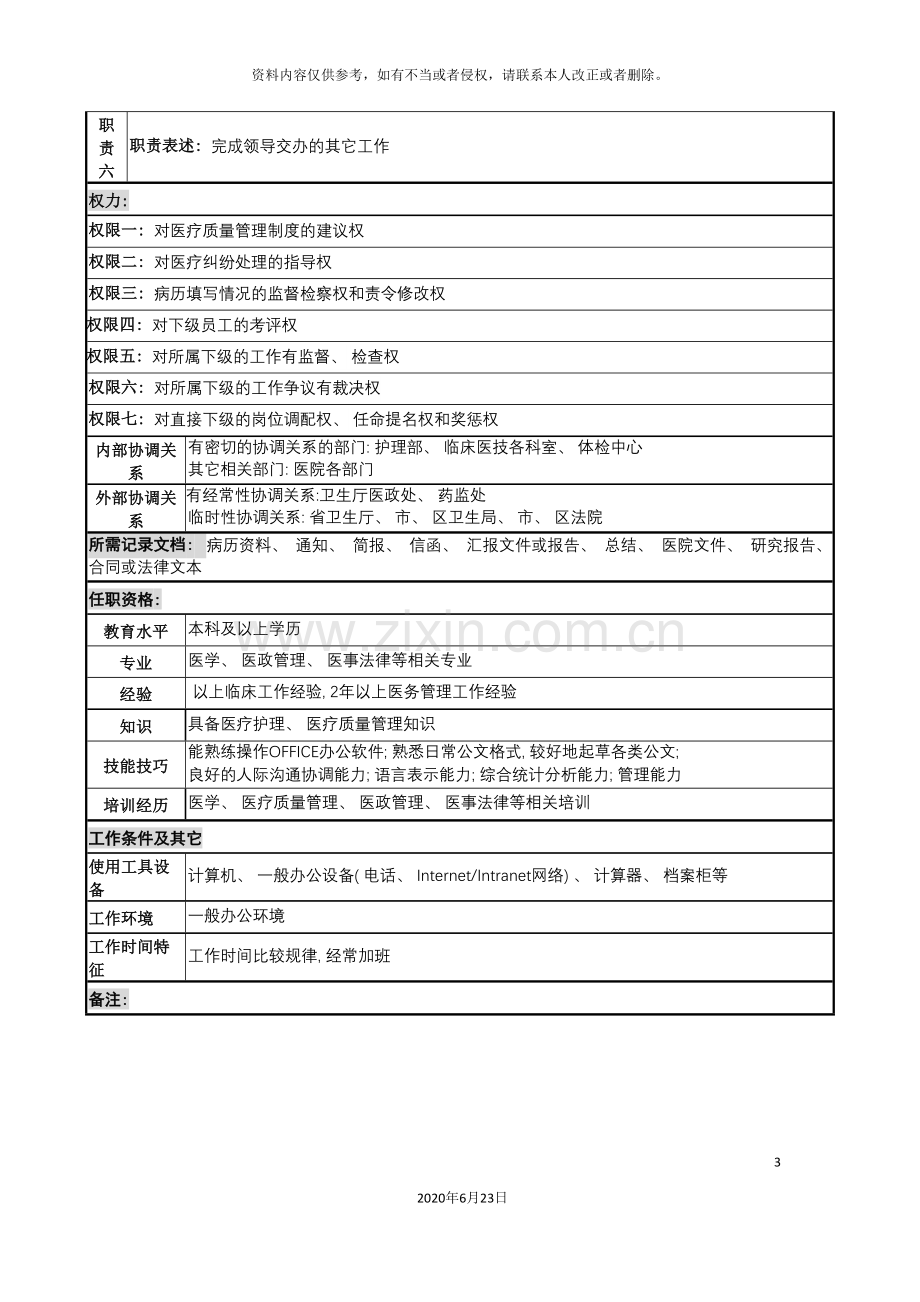 医务部质量副主任岗位说明书.doc_第3页