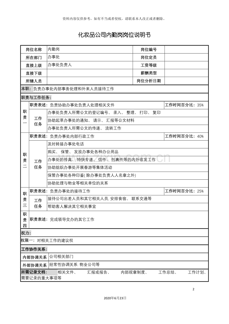 化妆品公司内勤岗岗位说明书.doc_第2页