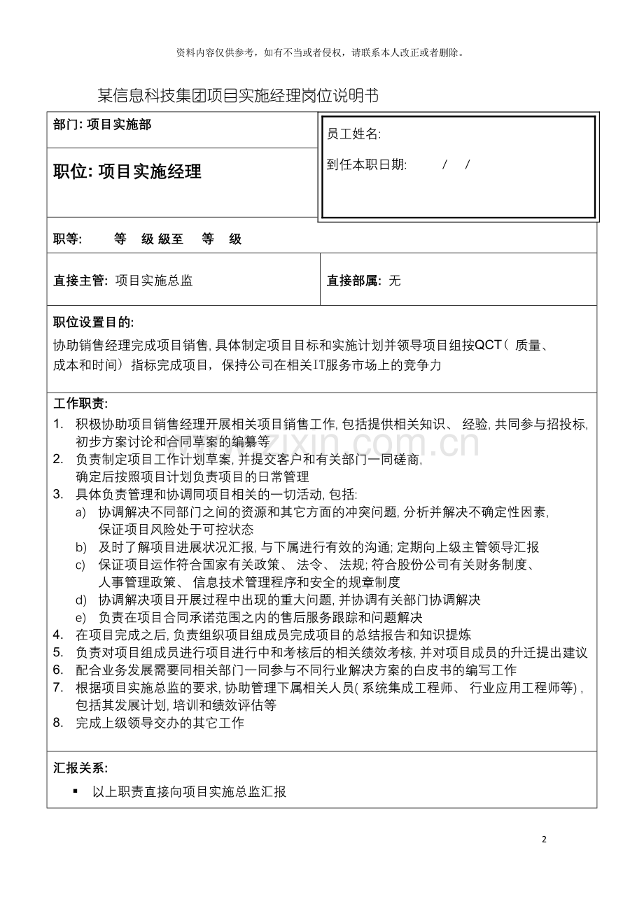 信息科技集团项目实施经理岗位说明书.doc_第2页