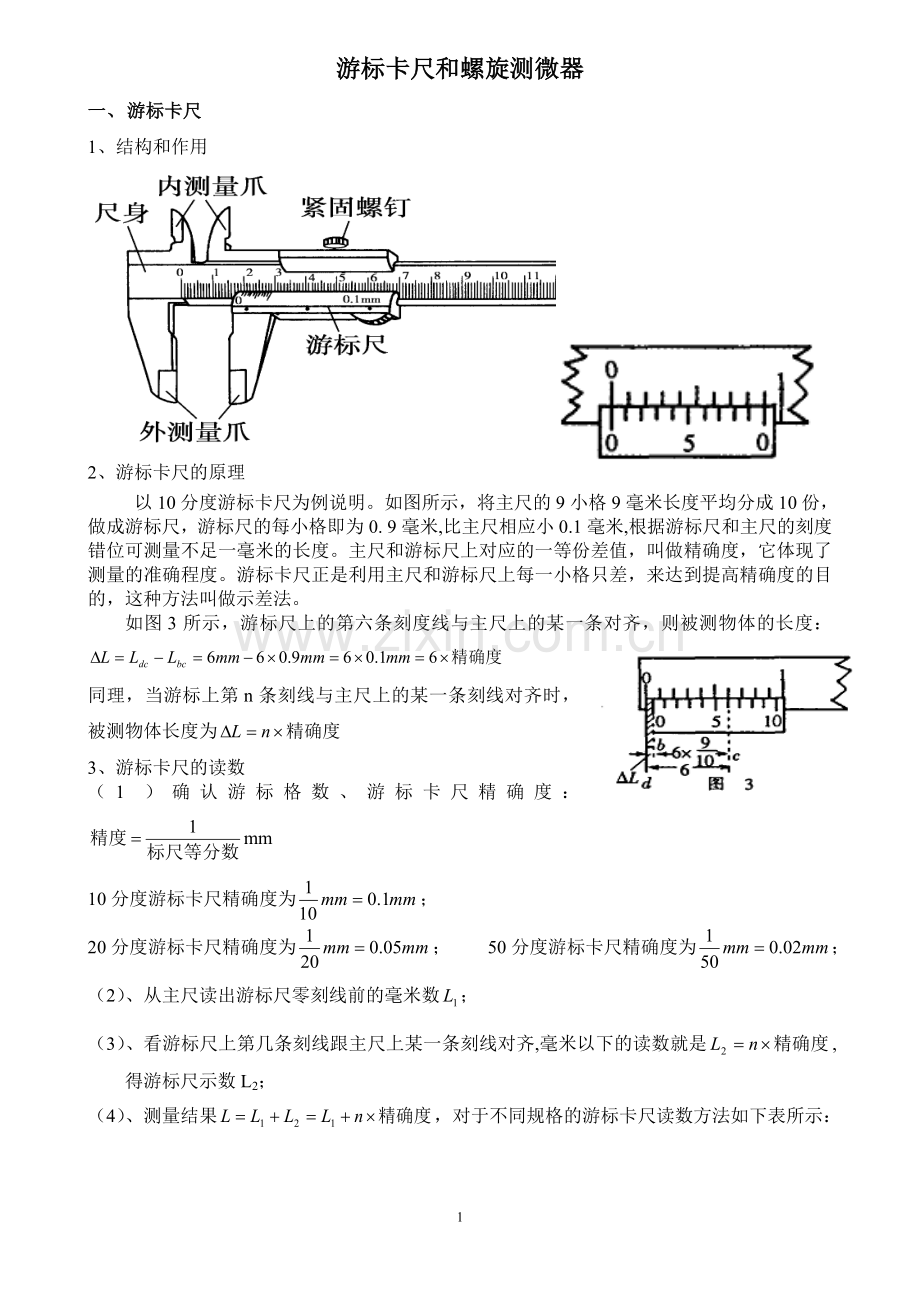 游标卡尺和螺旋测微器讲解及读数练习(含答案).doc_第1页