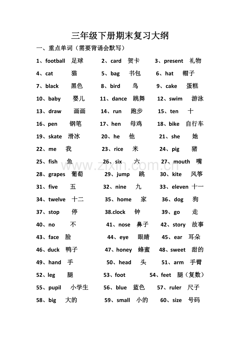 闽教版三年级英语下学期期中复习大纲.doc_第1页