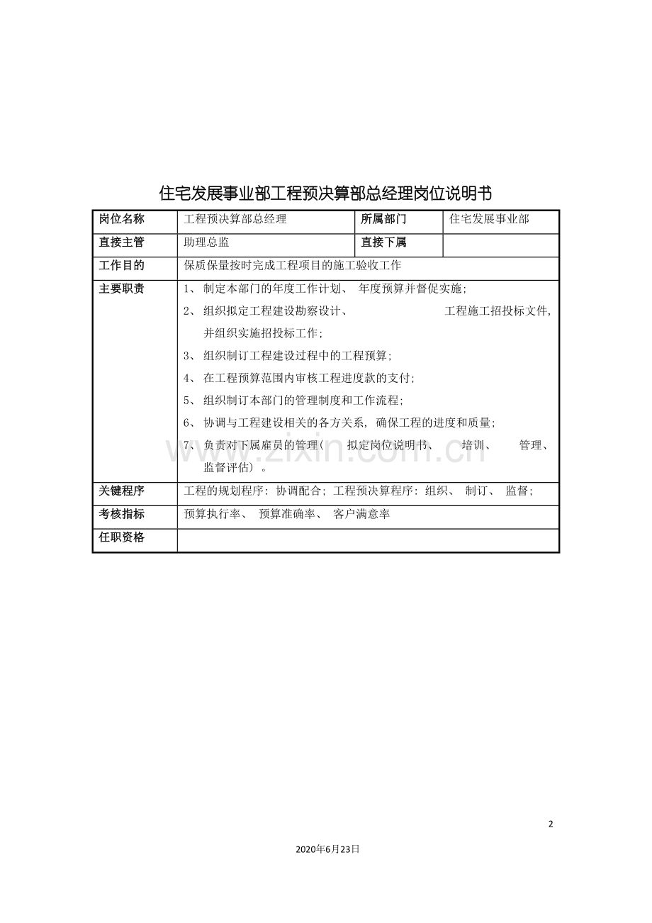 住宅发展事业部工程预决算部总经理岗位说明书.doc_第2页