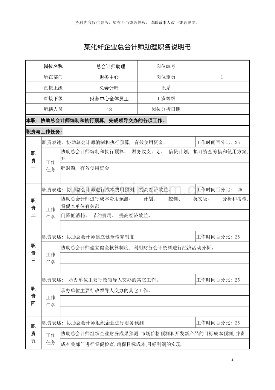 化纤企业总会计师助理职务说明书.doc_第2页