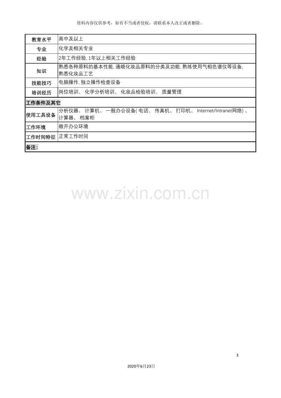 化妆品公司原料检查岗岗位说明书.doc_第3页