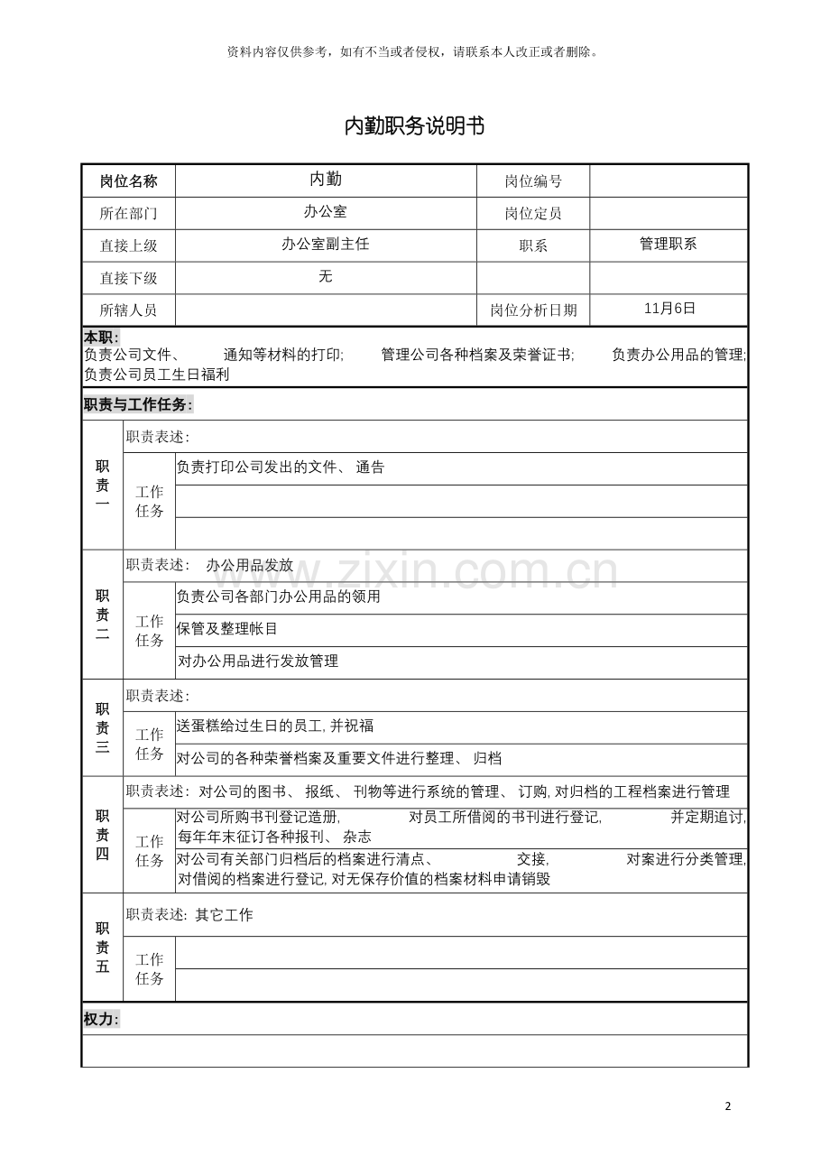 宝地建设集团办公室内勤职务说明书模板.doc_第2页