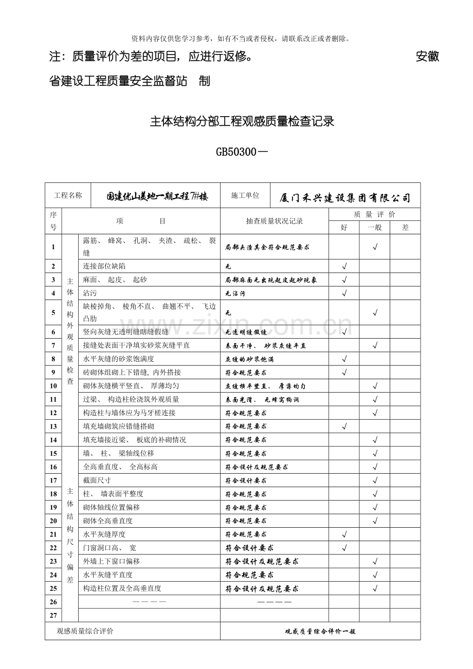 主体结构分部工程观感质量检查记录模板.doc_第2页