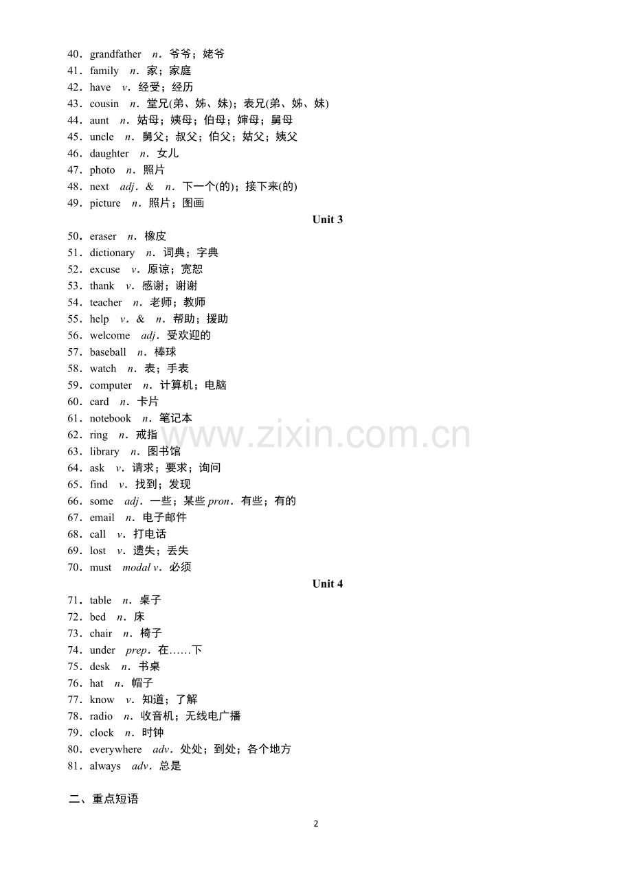 人教版初中英语各单元必备单词、短语、句型.doc_第2页