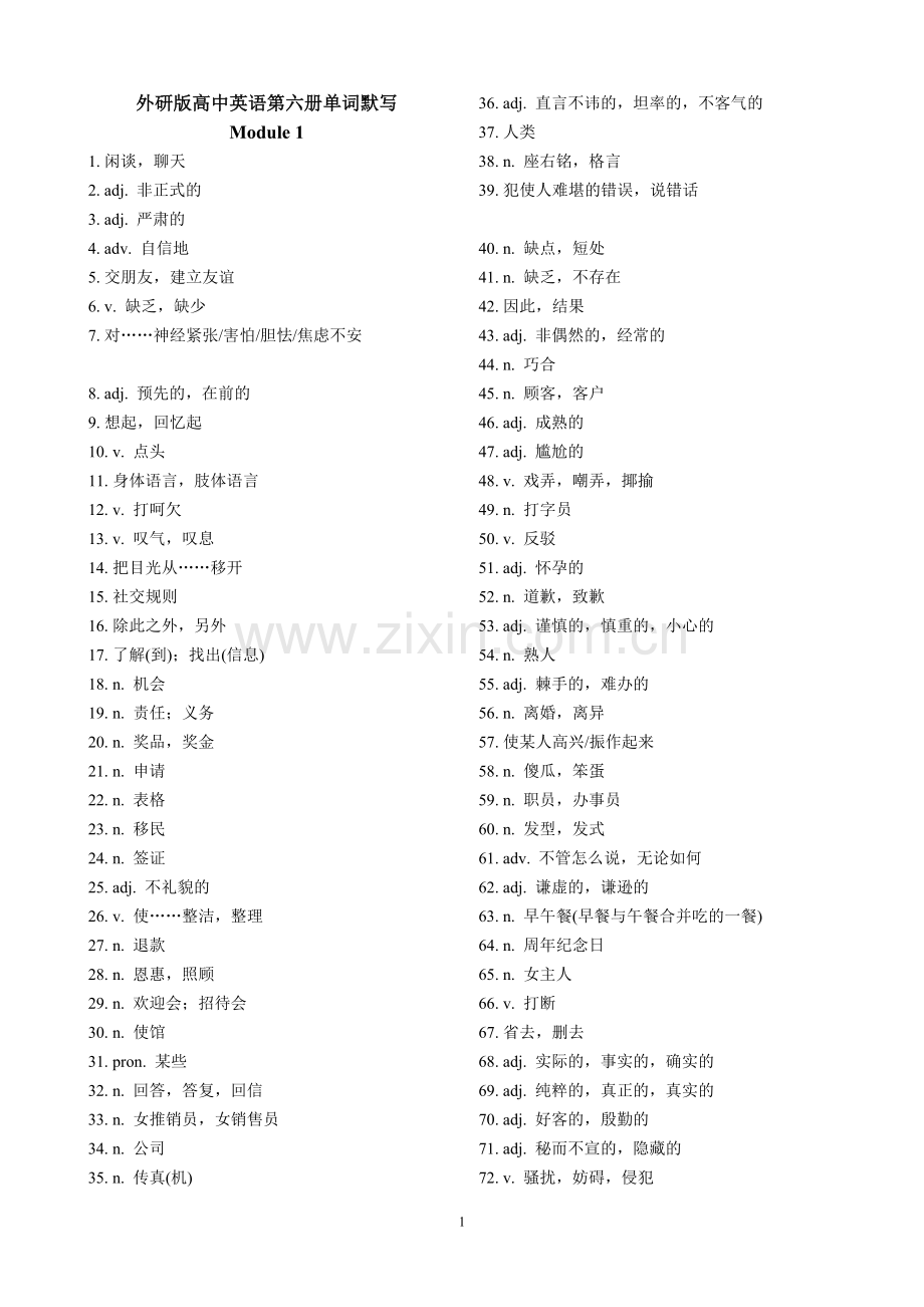 外研版高中英语第六册(顺序选修6)单词默写(汉译英).doc_第1页