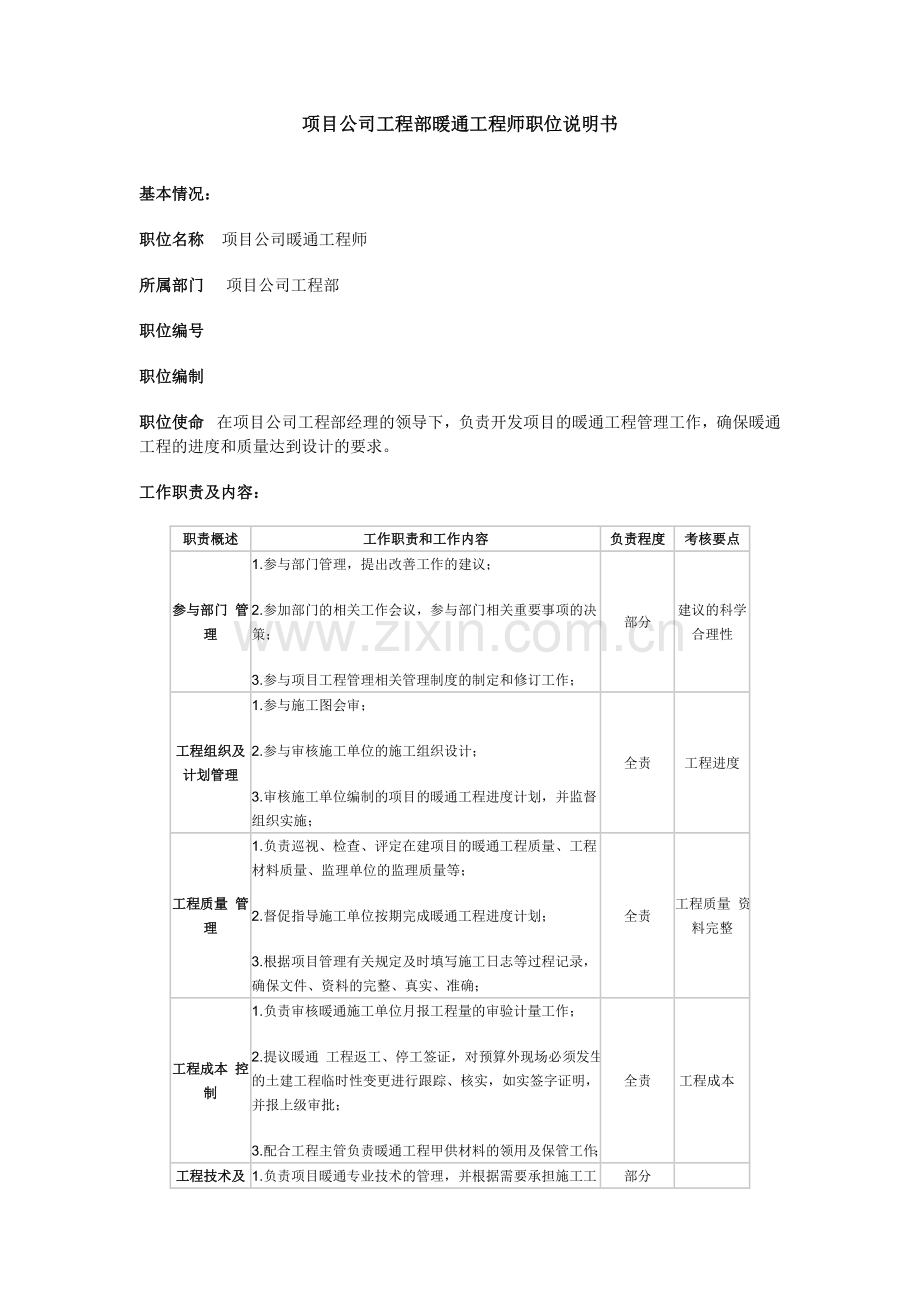 项目公司工程部暖通工程师职位说明书.doc_第1页