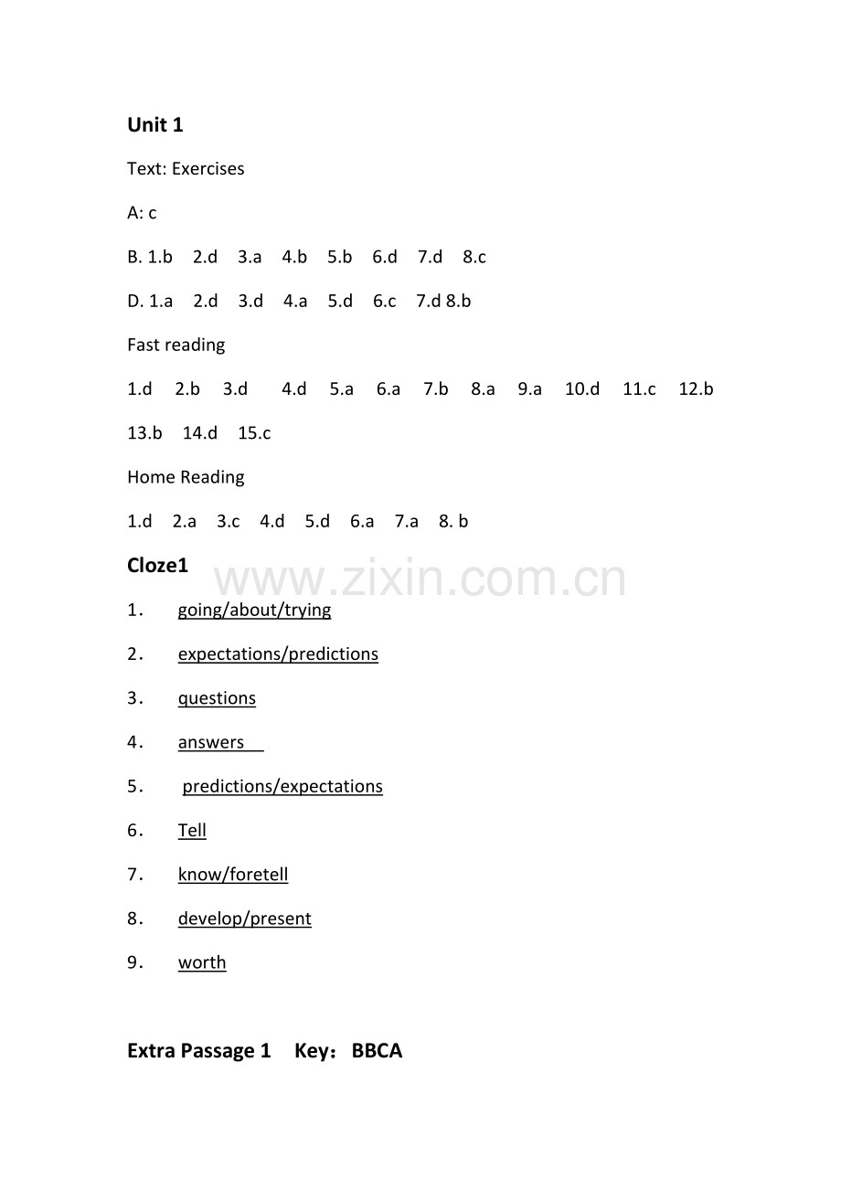 英语泛读教程3第三版(刘乃银编)平台答案(含cloze和extrapassage).doc_第1页