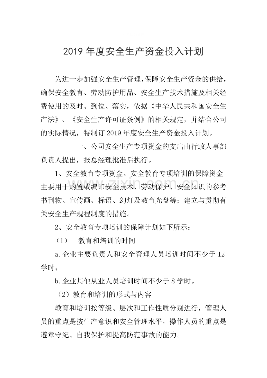 2019年度安全生产资金投入计划.doc_第1页