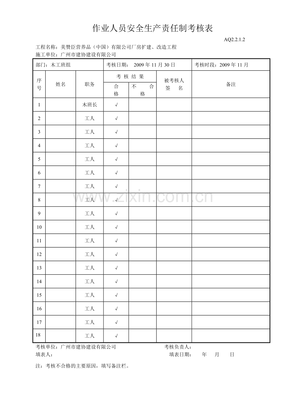 作业人员安全生产责任制考核表(木工).doc_第1页