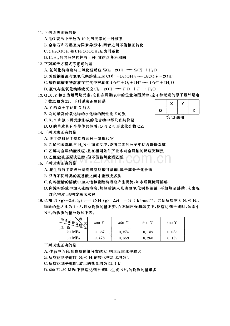 11月浙江省新高考学考选考化学试题及答案.doc_第2页