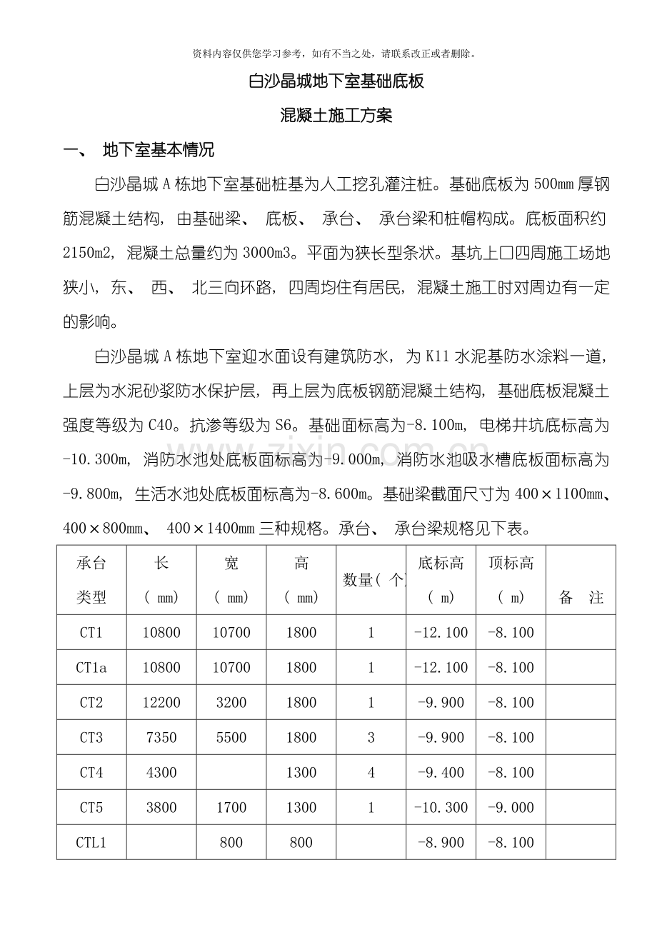 地下室基础底板混凝土施工方案样本.doc_第1页