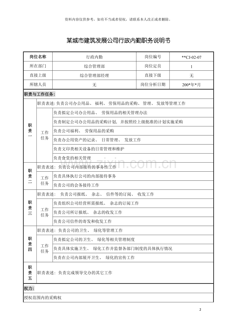 城市建筑发展公司行政内勤职务说明书.doc_第2页