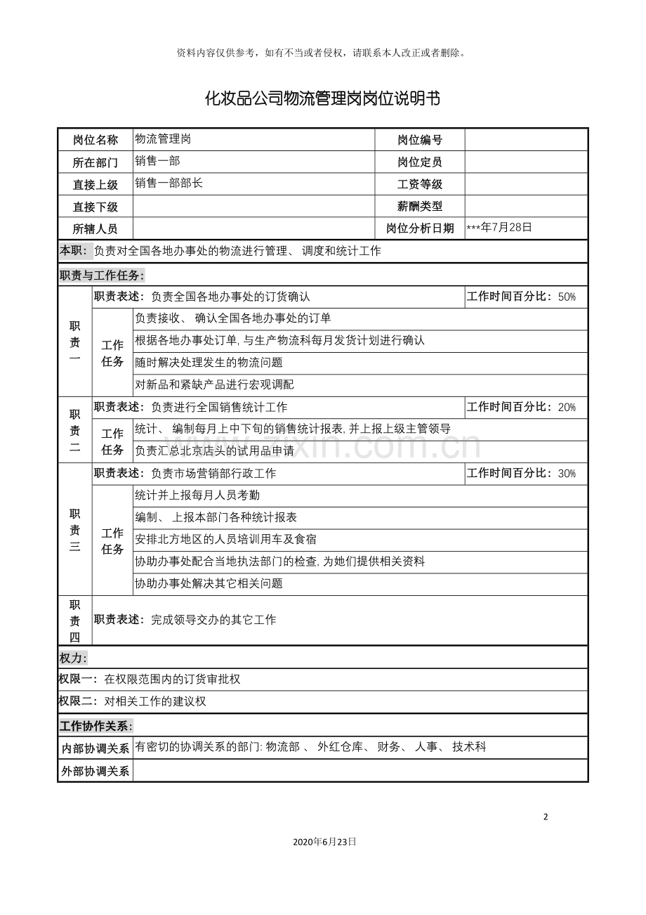 化妆品公司物流管理岗岗位说明书.doc_第2页