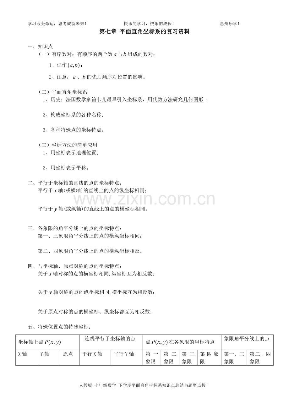 人教版平面直角坐标系知识点总结与题型点拨.doc_第1页