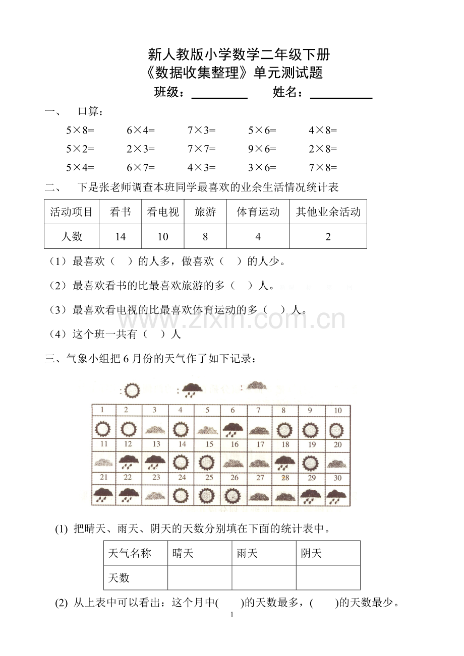 小学数学二年级下册单元测试题全册.doc_第1页