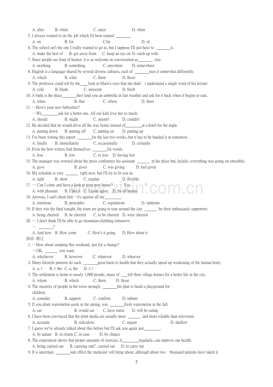 浙江近5近5年高考英语单项选择题汇编.doc_第2页