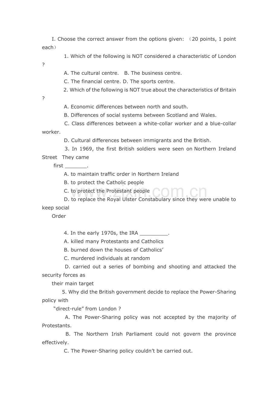 【优质】英语国家概况试卷1及答案.doc_第1页