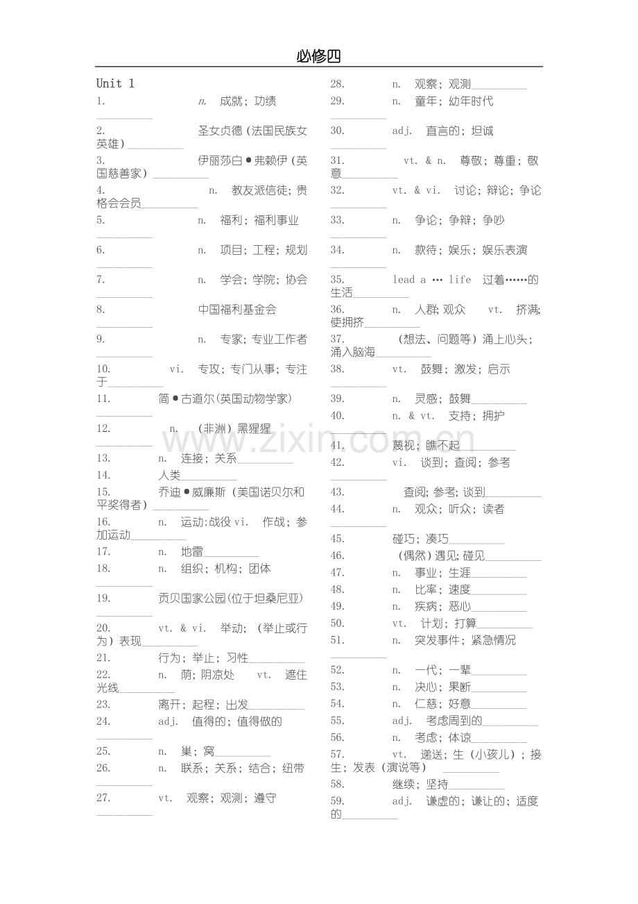 人教版英语必修四单词默写表.doc_第1页