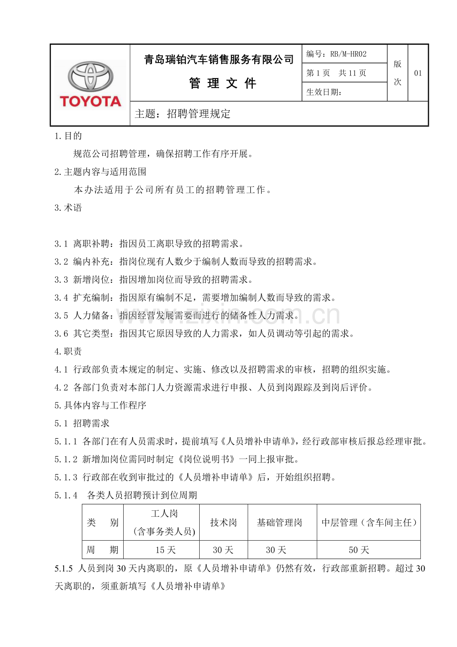 青岛瑞铂汽车销售服务有限公司管理文件-招聘管理规定(DOC-13页).doc_第1页