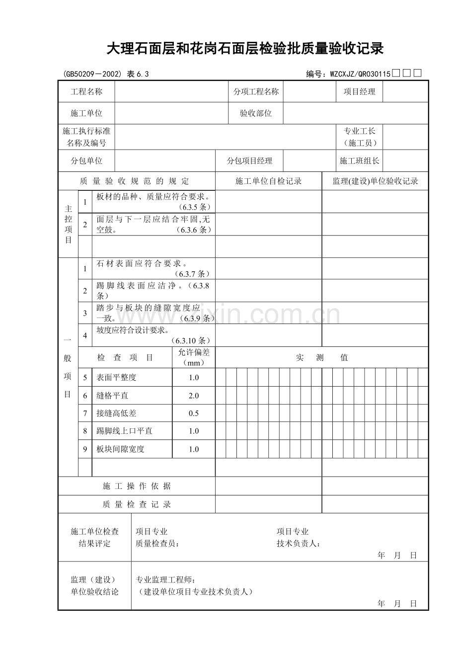 109大理石面层和花岗石面层检验批质量验收记录.doc_第1页