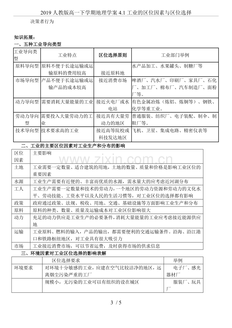 2019人教版高一下学期地理学案4.1工业的区位因素与区位选择.doc_第3页