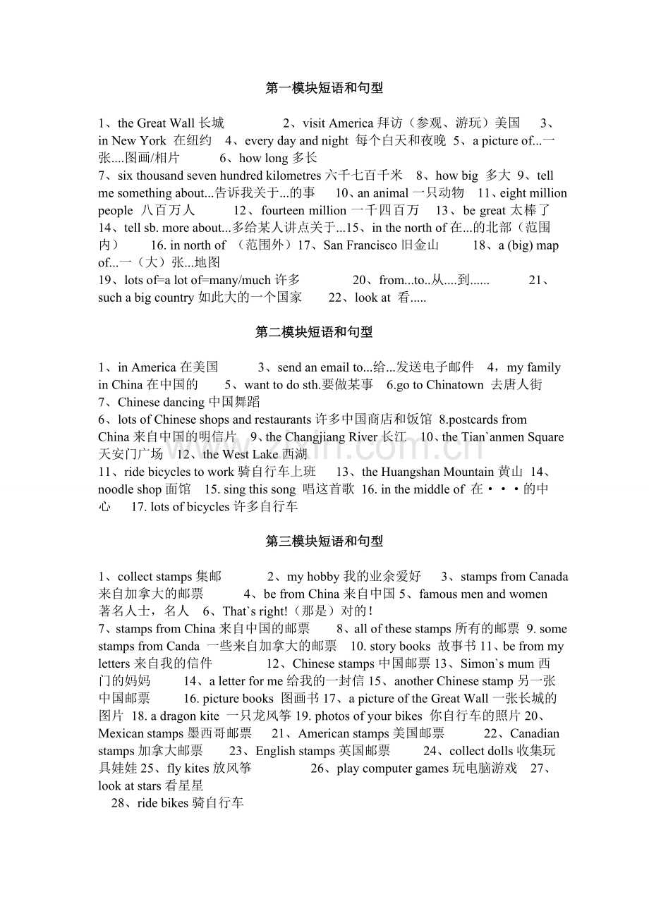 外研版(三年级起点)英语六年级上册重点短语和句子.doc_第1页