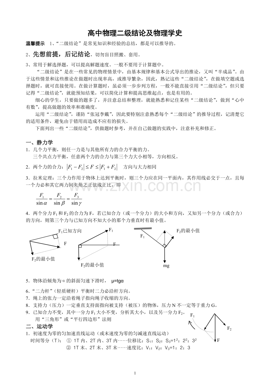 高中物理二级结论小结及物理学史(有热学).doc_第1页