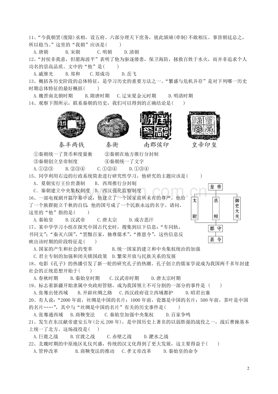 中国古代史中考练习题之一.doc_第2页