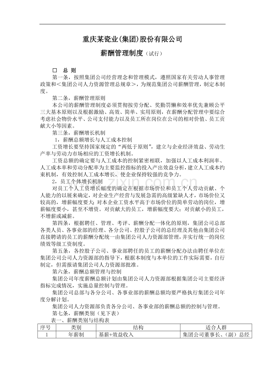 重庆某瓷业股份有限公司薪酬管理制度.doc_第1页