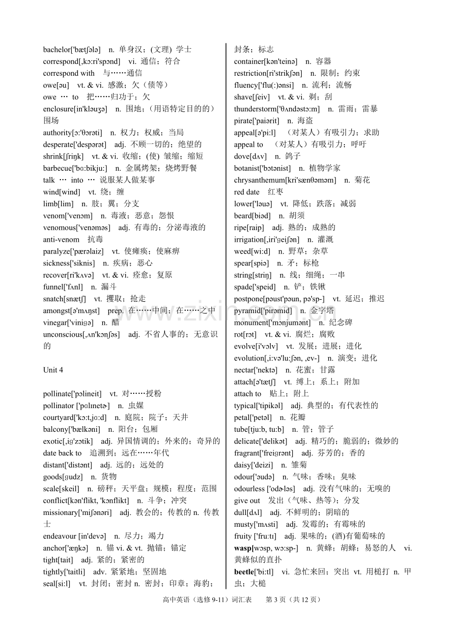 2019高考复习必备新课标人教版高中英语词汇表(选修9-11)含音标.doc_第3页