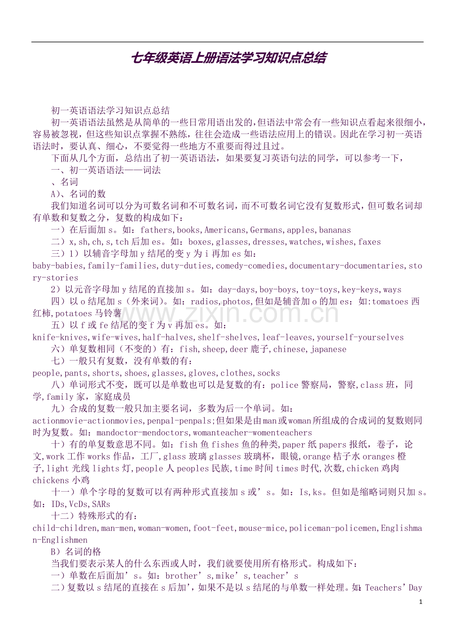 七年级英语上册语法学习知识点总结.docx_第1页