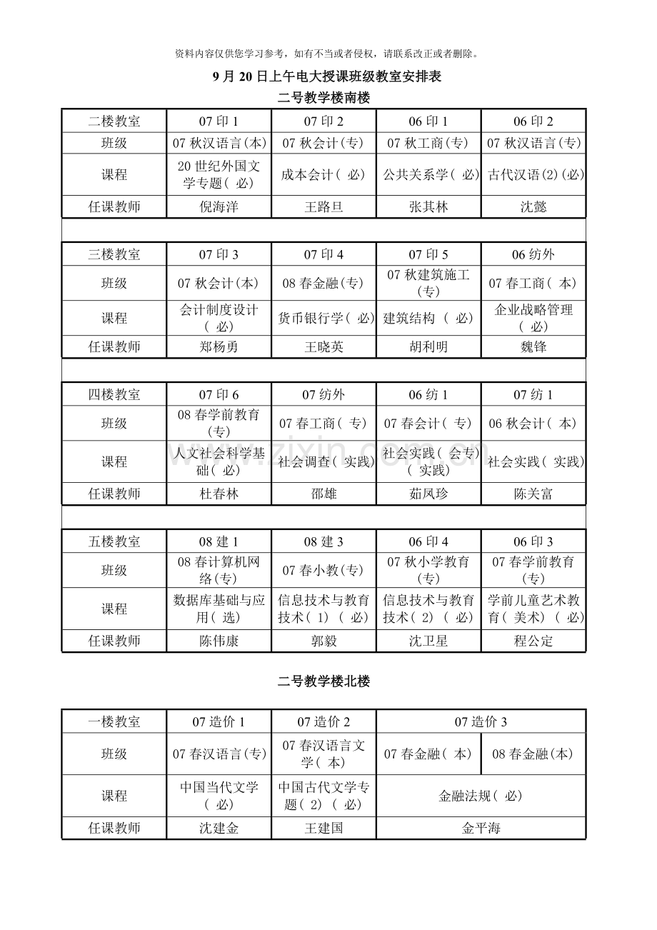 9月20日上午电大授课班级教室安排表.doc_第1页