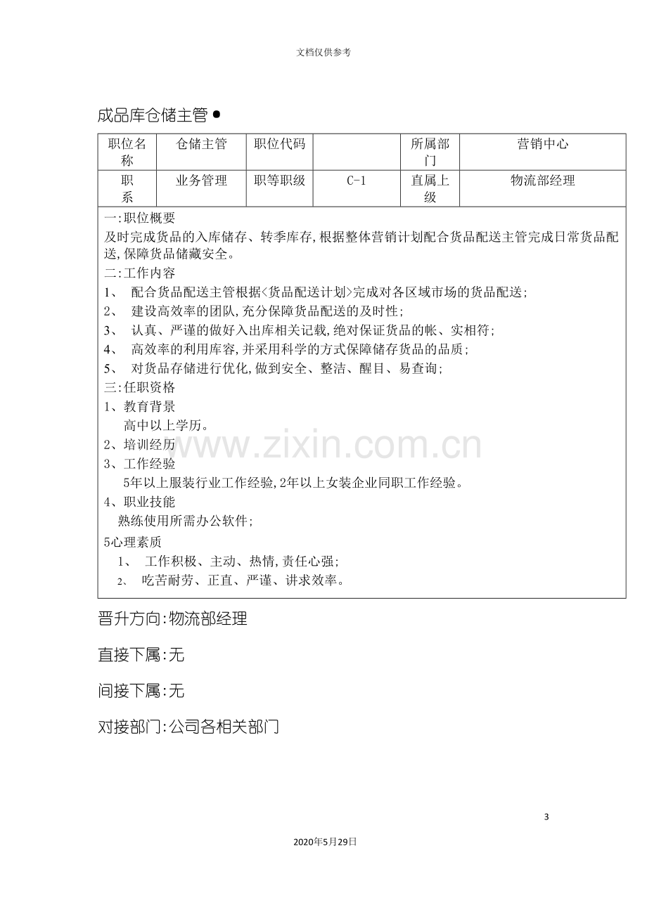 工贸销售公司成品库仓储主管岗位说明书.doc_第3页